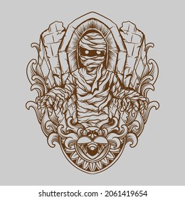 tattoo and t shirt design black and white hand drawn mummy engraving ornament 