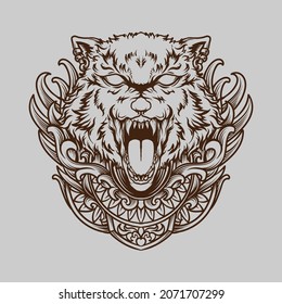 tattoo and t shirt design black and white hand drawn wolf head engraving ornament