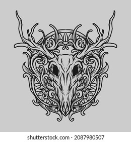 tattoo and t shirt design black and white deer skull engraving ornament