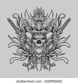 tattoo and t shirt design black and white hand drawn samurai devil engraving ornament
