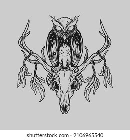 tattoo and t shirt design black and white hand drawn owl and deer skull