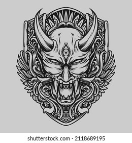 tattoo and t shirt design black and white hand drawn oni mask engraving ornament