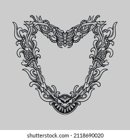 tattoo and t shirt design black and white hand drawn skeleton heart frame engraving ornament