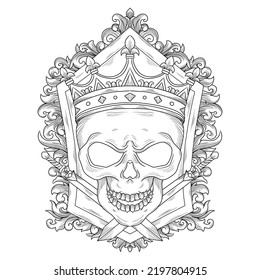 tattoo and t shirt design black and white hand drawn king skull