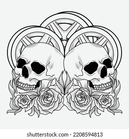 tattoo and t shirt design black and white hand drawn skull and car tires engraving ornament