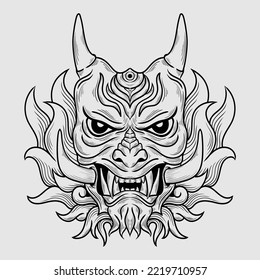 tattoo and t shirt design black and white hand drawn oni mask  engraving ornament