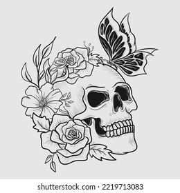 tattoo and t shirt design black and white hand drawn skull and butterfly engraving ornament