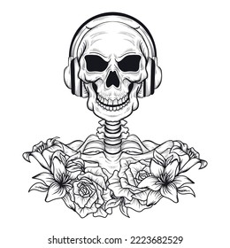 tattoo and t shirt design black and white hand drawn skeleton with headphone engraving ornament