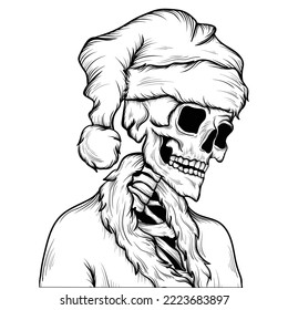 tattoo and t shirt design black and white hand drawn skeleton with santa costume engraving ornament