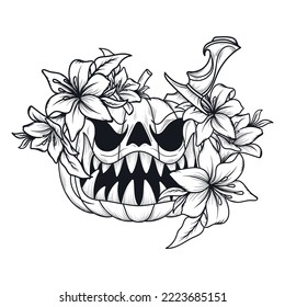 tattoo and t shirt design black and white hand drawn monster pumpkin engraving ornament