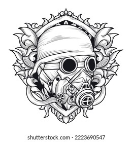 tattoo and t shirt design black and white hand drawn apocalypse gas mask  engraving ornament