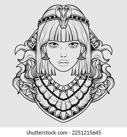 tattoo and t shirt design black and white hand drawn cleopatra