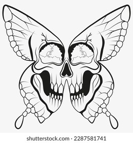 Tattoo And T Shirt Design Black And White Hand Drawing Butterfly Skeleton Human Head Ornament