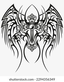 Tattoo And T Shirt Design Black And White Hand Drawing Holy Cross Wings Vector Artwork