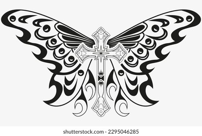 Tattoo And T Shirt Design Black And White Hand Drawing Holy Cross Butterfly Vector Artwork