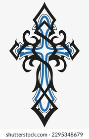 Tattoo And T Shirt Design Black And Blue Hand Drawing Holy Cross Vector Artwork