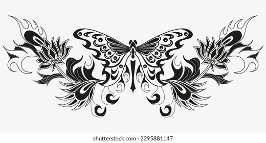 Tattoo And T Shirt Design Black And White Hand Drawing Butterfly Flower Vector Artwork