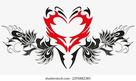 Tattoo And T Shirt Design Black And Red Hand Drawing Special Fashion Butterfly Flower Heart Vector Artwork