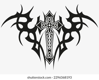 Tattoo And T Shirt Design Black And White Hand Drawing Holy Cross Special Fashion Wings Vector Artwork
