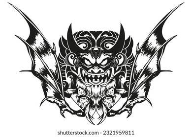 Tattoo And T Shirt Design Black And White Hand Drawing Devil Head Mask Vector Artwork
