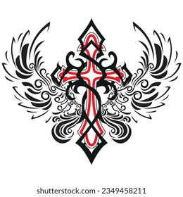 Tattoo And T Shirt Design Black And Red Hand Drawing Holy Cross With Angel Wings Vector Artwork