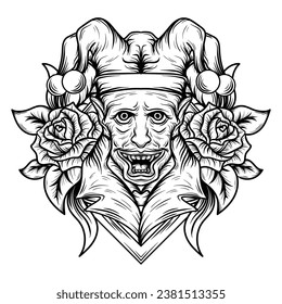 tattoo and t shirt design black and white hand drawn  clown monster with flower  engraving ornament