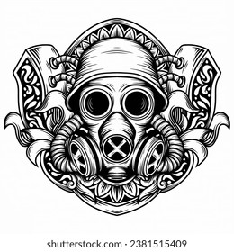 tattoo and t shirt design black and white hand drawn  mask gas with engraving ornament