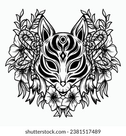 tattoo and t shirt design black and white hand drawn kistune mask with flower engraving