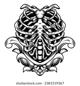 tattoo and t shirt design black and white hand drawn  rib bone with engraving ornament
