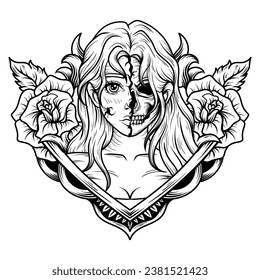 tattoo and t shirt design black and white hand drawn girl half skull with flower engraving ornament