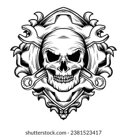 tattoo and t shirt design black and white hand drawn skull with wrench engraving ornament