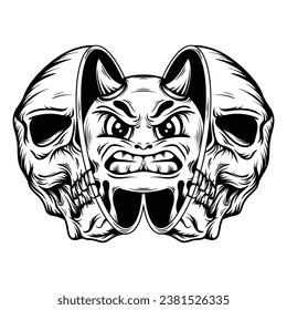 tattoo and t shirt design black and white hand drawn mad emoticon in the middle skull