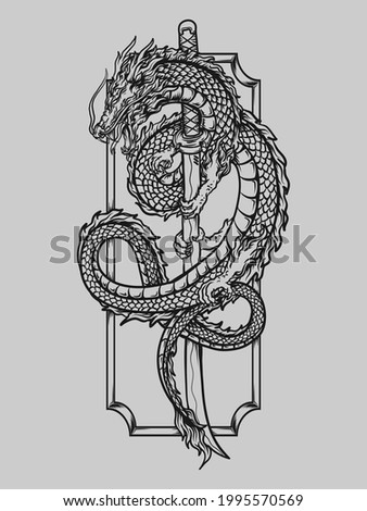 tattoo and t shirt design black and white hand drawn dragon with katana sword