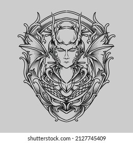 tattoo and t shirt design devil geisha engraving ornament