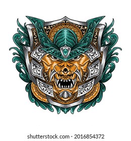 tattoo and t shirt design hand drawn Oni mask sword ornament illustration Premium Vector, green and metalic line art isolated poster design