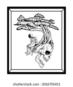 tattoo and t shirt design skull astronaut and tree line art black and white illustration