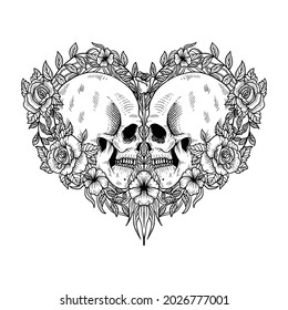 tattoo and t shirt design skull and roses valentine illustration line art black and white isolated, Skull and heart with floral arrangement.