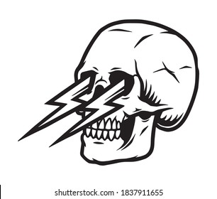 Tattoo Template Of Skull With Thunderbolts In Its Eye Sockets In Vintage Monochrome Style Isolated Vector Illustration
