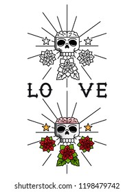 Tattoo template vector illustration. Line art concept with skull and flowers and color sample