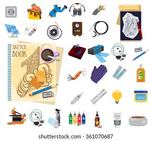 Tattoo tools, accessories and equipment, icons