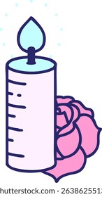 tattoo in traditional style of a candle and a rose in bright neon colors