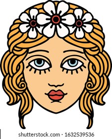 tattoo in traditional style of female face with crown of flowers