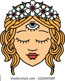 tattoo in traditional style of female face with third eye and crown of flowers