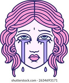 tatuagem no estilo tradicional do rosto feminino chorando em cores neon brilhantes
