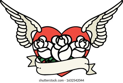 tattoo in traditional style of a flying heart with flowers and banner