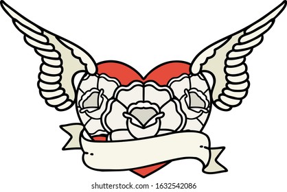 tattoo in traditional style of a flying heart with flowers and banner