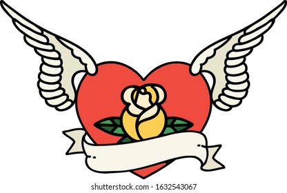 tattoo in traditional style of a flying heart with flowers and banner
