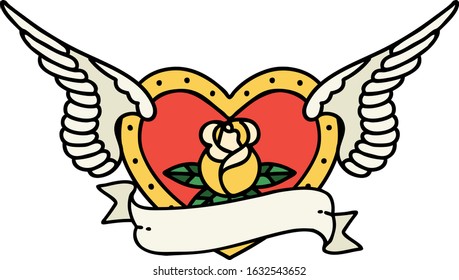 tattoo in traditional style of a flying heart with flowers and banner