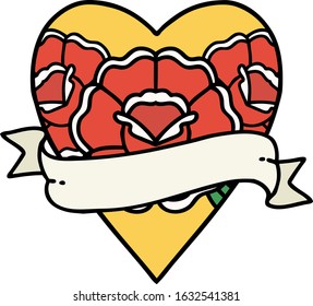 tattoo in traditional style of a heart and banner with flowers