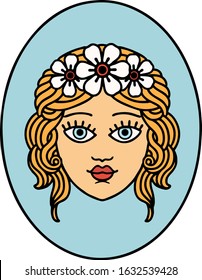 tattoo in traditional style of a maiden with crown of flowers